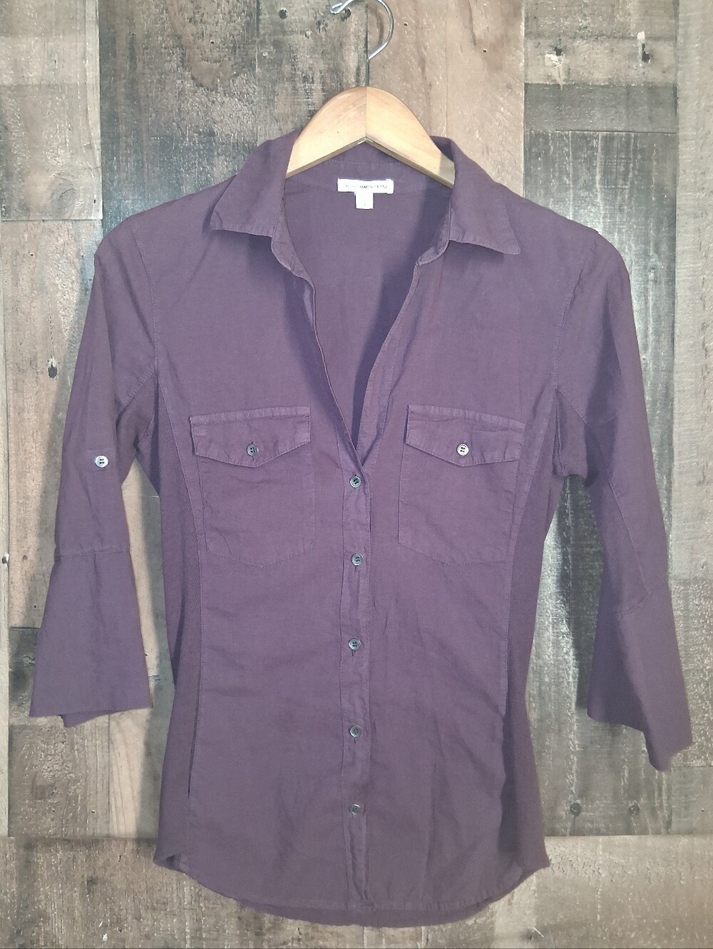 James Perse Contrast Panel Shirt Women’s Size 2 Plum  Button Up Ribbed Sides EUC